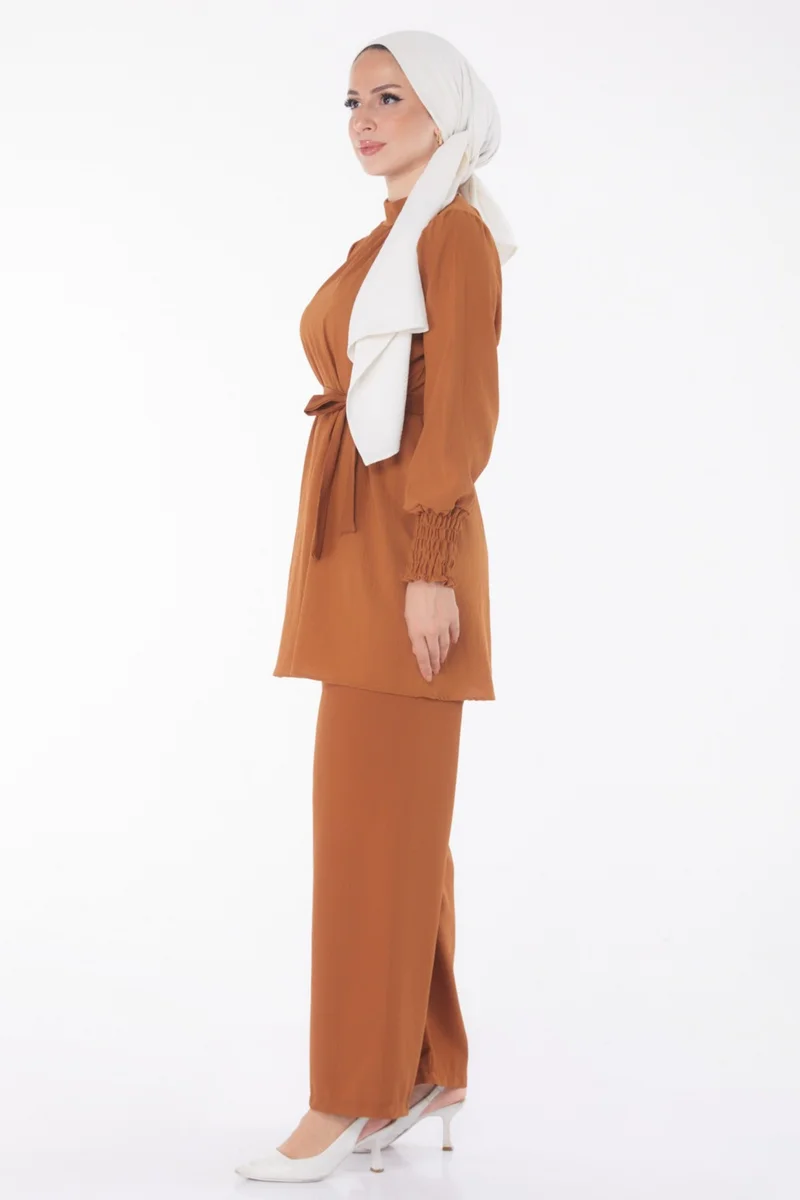 Tofisa Plain Judge Collar Women's Tan Tunic + Trousers - 13019