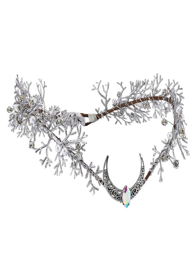 MOSTORY Silver Flower Moon Crown - Handmade Forest Fairy Headpiece Woodland Headband Floral Elven Tiara for Princess Renfaire Renaissance Halloween Party Wedding Cosplay - Image 1