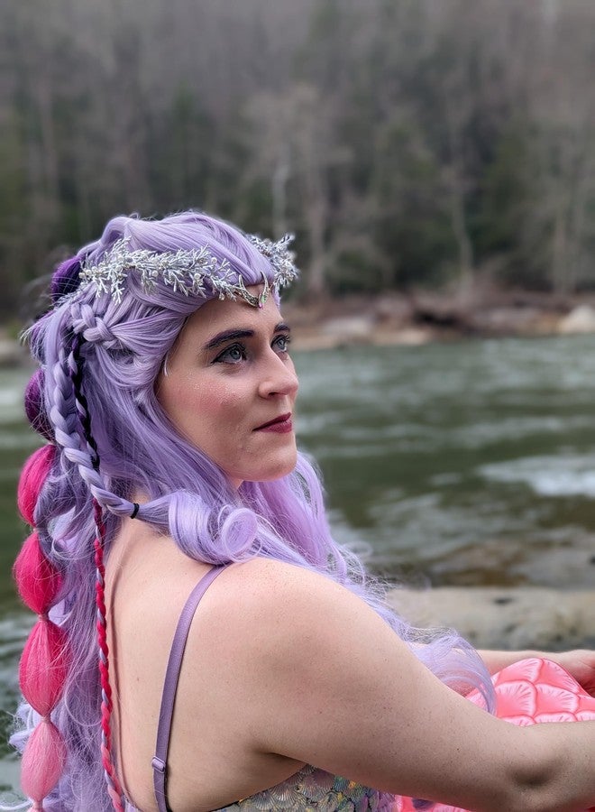MOSTORY Silver Flower Moon Crown - Handmade Forest Fairy Headpiece Woodland Headband Floral Elven Tiara for Princess Renfaire Renaissance Halloween Party Wedding Cosplay - Image 2
