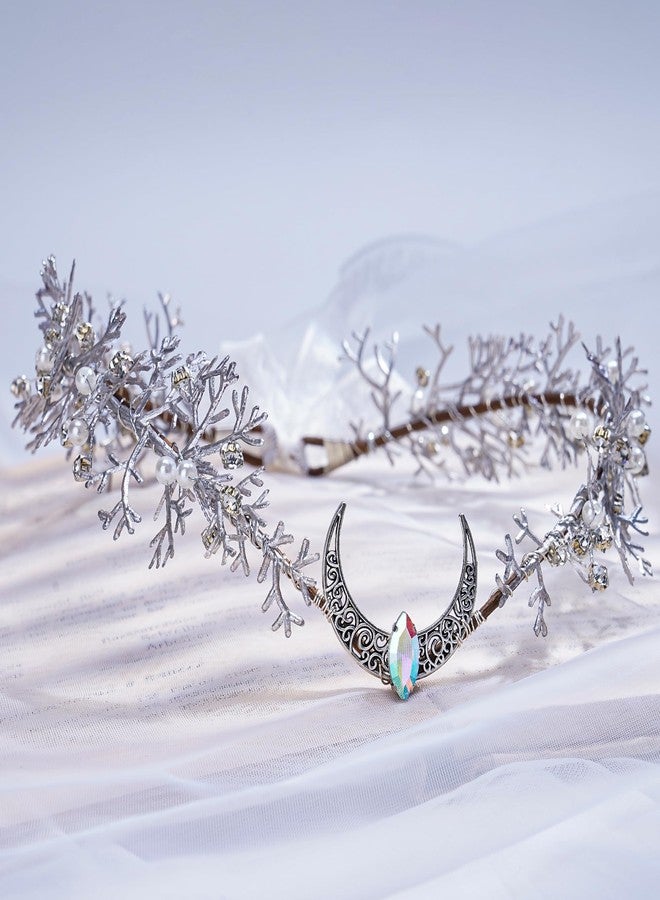 MOSTORY Silver Flower Moon Crown - Handmade Forest Fairy Headpiece Woodland Headband Floral Elven Tiara for Princess Renfaire Renaissance Halloween Party Wedding Cosplay - Image 5