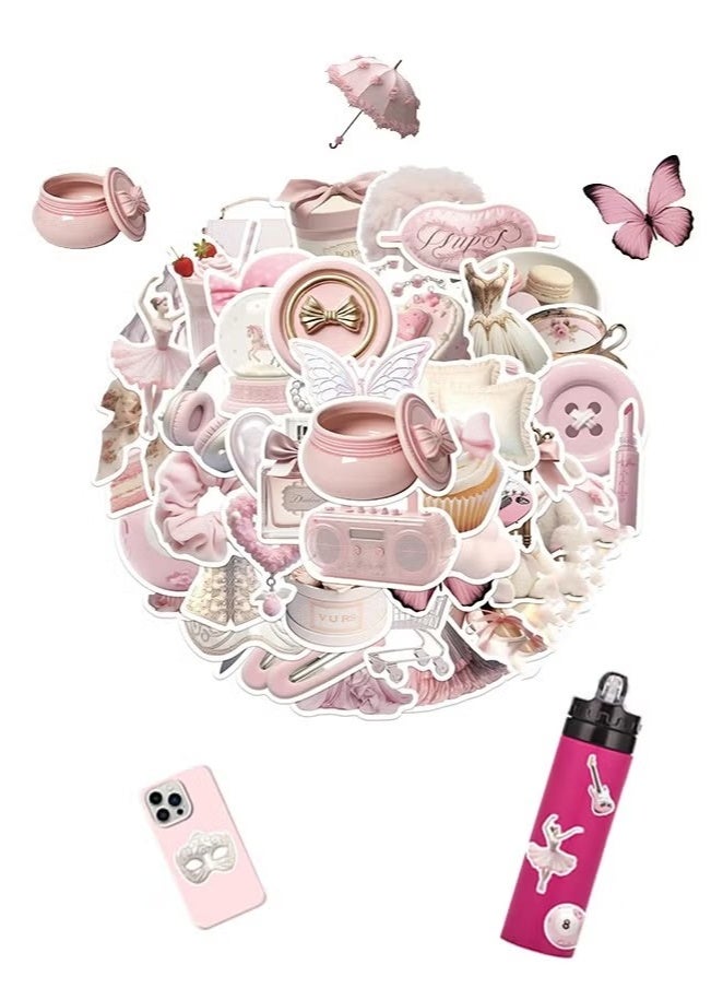 50Pcs Girls Gentle Ballet Pink Sticker, Pink Aesthetic Graffiti Sticker for Kids Teens, Cute Pink Laptops Decals for Water Bottles Journal Bag Phone - Image 1