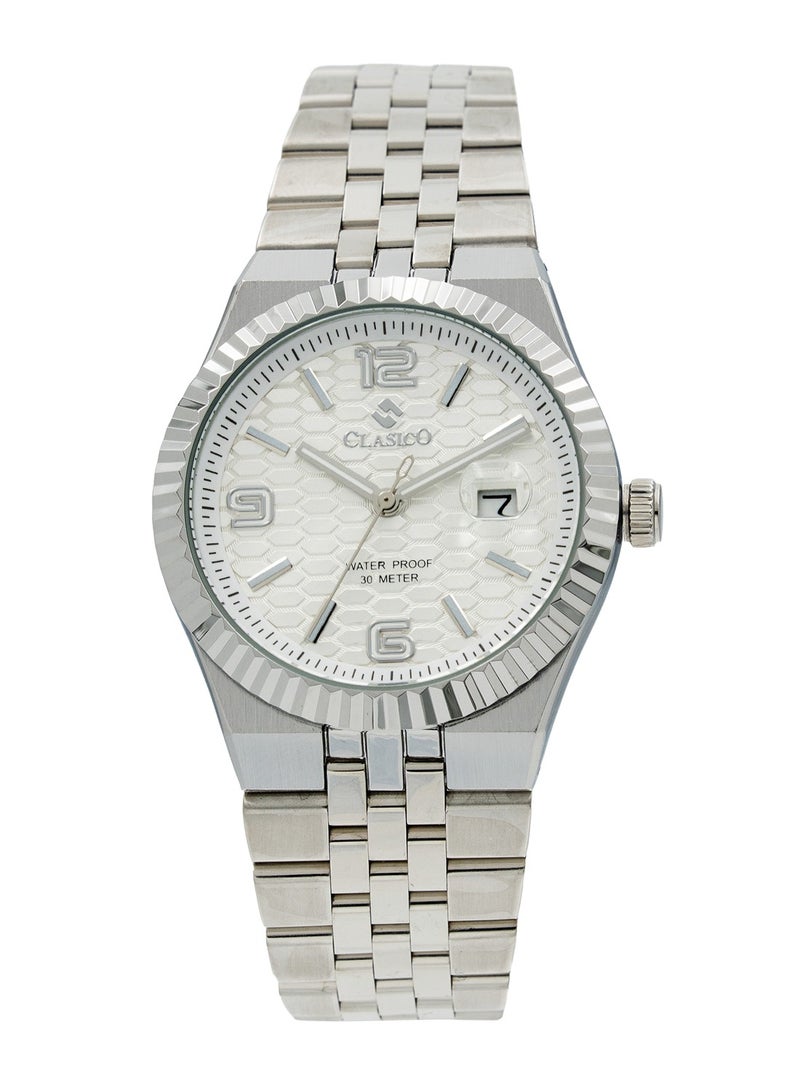 Clasico ساعة يد أنالوج من الفولاذ المقاوم للصدأ للرجال - قرص أبيض | مقاومة للماء حتى 10 أمتار | حزام معدني أنيق - Image 1
