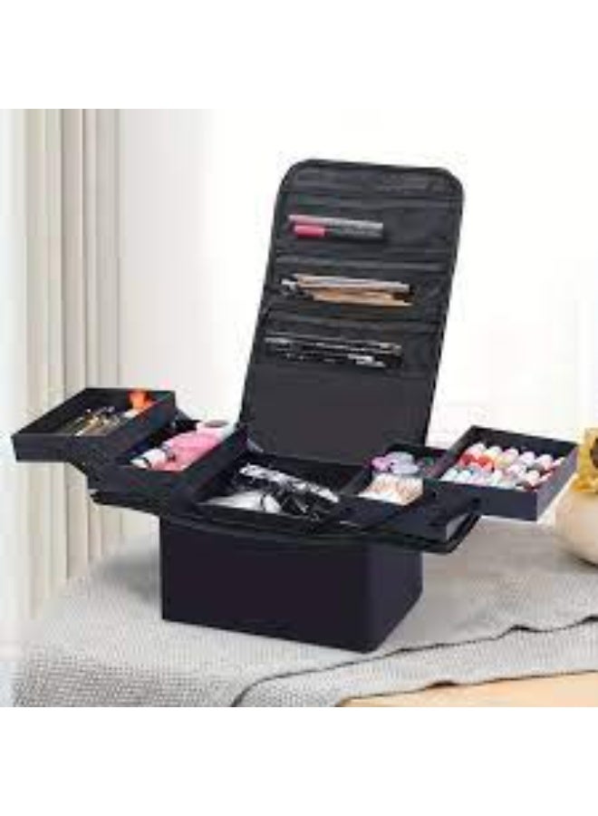 Portable Travel Cosmetic Bag with Storage Organizer for Makeup Artist with Adjustable Dividers for Makeup Brushes, Toiletries, Jewelry, Black - Image 1
