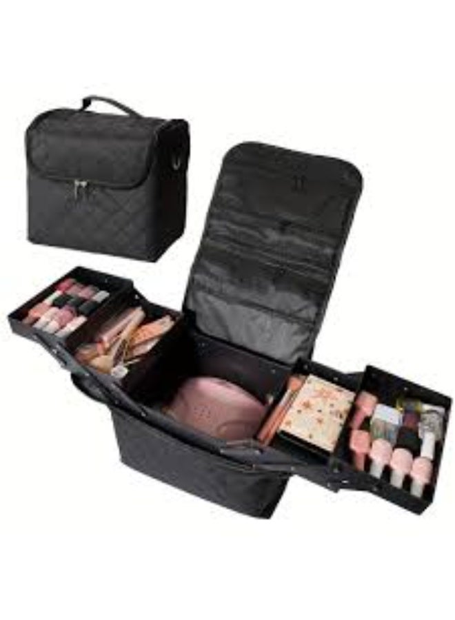 Portable Travel Cosmetic Bag with Storage Organizer for Makeup Artist with Adjustable Dividers for Makeup Brushes, Toiletries, Jewelry, Black - Image 2