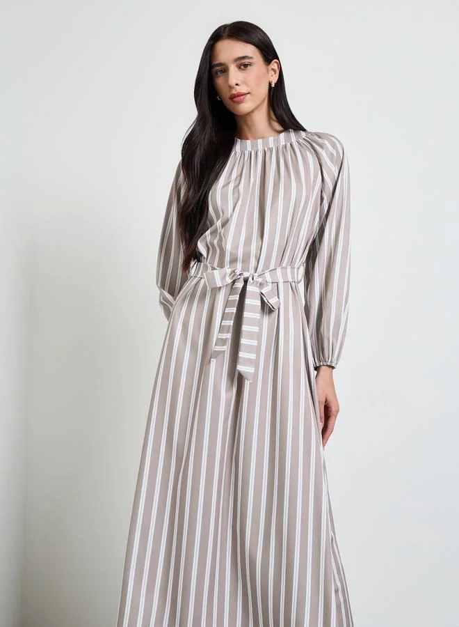 ستايلي Beige Striped A-Line Maxi Dress with Tie-Belt