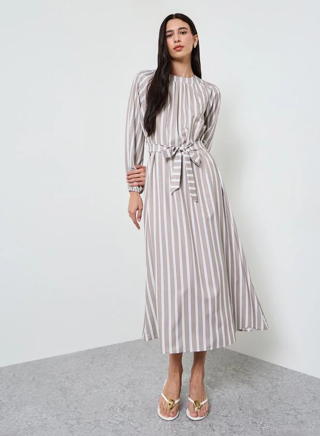 ستايلي Beige Striped A-Line Maxi Dress with Tie-Belt