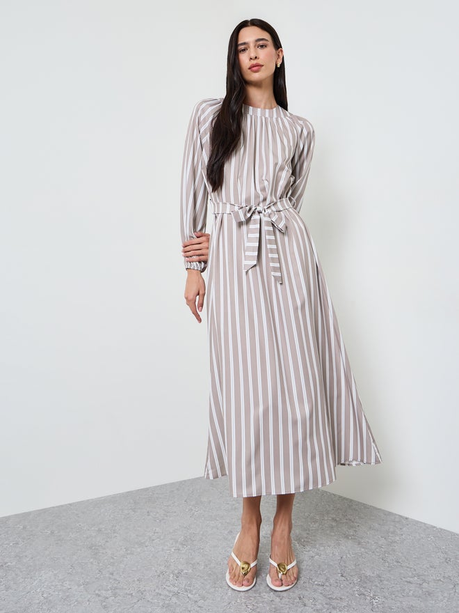 Styli Beige Striped A-Line Maxi Dress with Tie-Belt - Image 2