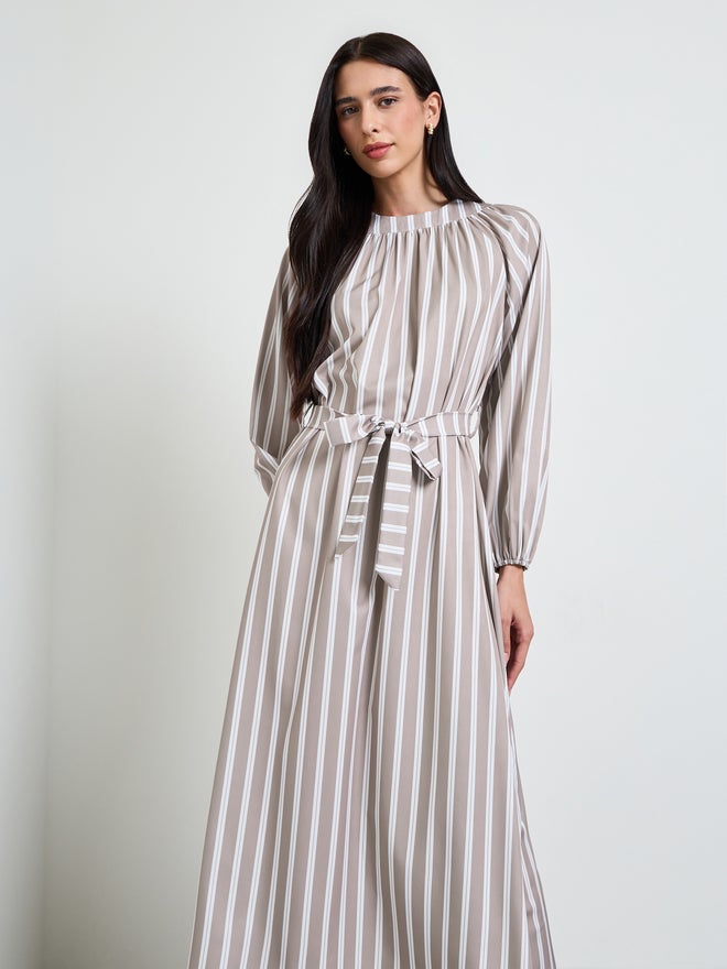 Styli Beige Striped A-Line Maxi Dress with Tie-Belt - Image 1