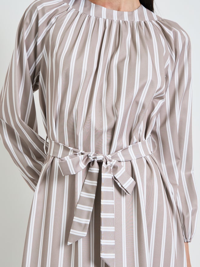 Styli Beige Striped A-Line Maxi Dress with Tie-Belt - Image 3