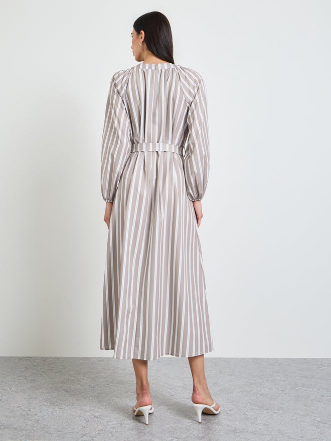 Styli Beige Striped A-Line Maxi Dress with Tie-Belt - Image 4