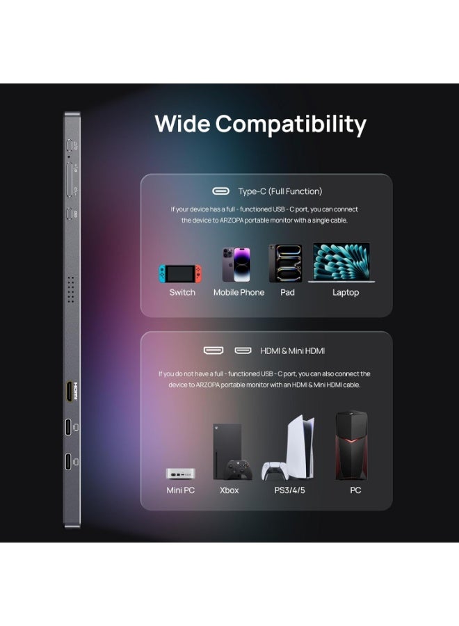 ARZOPA 16.1'' 180Hz 2.5K Portable Monitor, 2560x1440 QHD 107% sRGB Kickstand Portable Gaming Monitor with HDR, Ultra Slim, Eye Care, External Second Screen for Laptop, PC, PS5, Mac, Xbox, Switch(With Free Waterproof Monitor Sleeve Bag) - Image 4