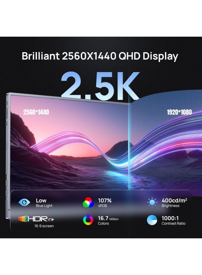 ARZOPA 16.1'' 180Hz 2.5K Portable Monitor, 2560x1440 QHD 107% sRGB Kickstand Portable Gaming Monitor with HDR, Ultra Slim, Eye Care, External Second Screen for Laptop, PC, PS5, Mac, Xbox, Switch(With Free Waterproof Monitor Sleeve Bag) - Image 2