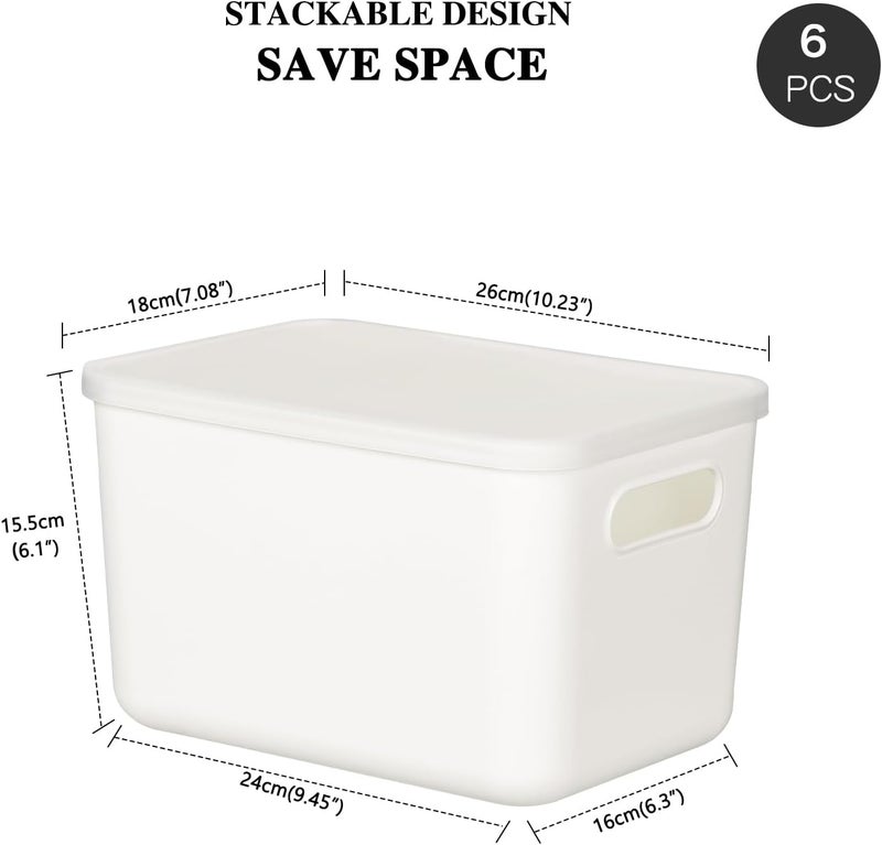 loobuu 6 Pcs Plastic Storage Bins with Handle, White Baskets with Lids for Organizing, Storage Organizer Bins for Pantry, Kitchen, Bathroom, Bedroom (White with Lids) - Image 2