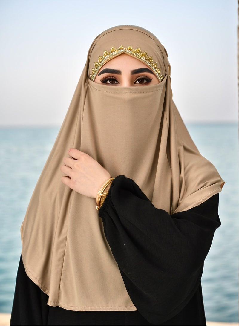 One Piece Head Cover Hijab with Veil with Chain Saudi Niqab In Breathable Scarf  - Image 1