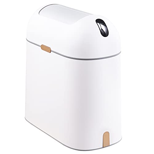 ELPHECO Motion Sensor Bathroom Trash Can 25 Gallon Waterproof Trash Bin with Butterfly lid Bathroom Waste Basket Garbage Bin for Bedroom Kitchen and Office use White with Golden Button