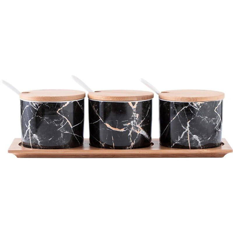Next Store Elegant 3 Piece Spice Set Made of Premium Porcelain with Wooden Lids and Practical Display Tray, Modern Design Preserves Flavor and Adds a Sophisticated Touch