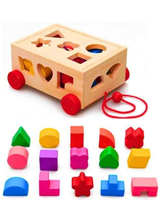 Chase Up Shape Sorting for Toddlers Wooden Pull Along Cart with 12 Colorful Blocks, Montessori Fine Motor Skills Puzzle Toy for Kids Ages 1-3, Early Learning Educational Toy - Image 3