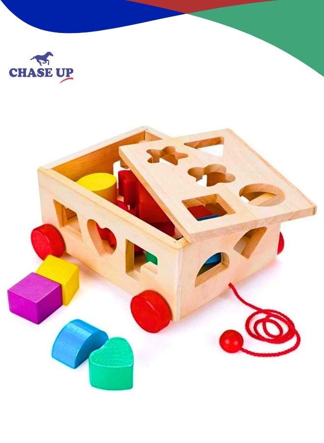 Chase Up Shape Sorting for Toddlers Wooden Pull Along Cart with 12 Colorful Blocks, Montessori Fine Motor Skills Puzzle Toy for Kids Ages 1-3, Early Learning Educational Toy - Image 1