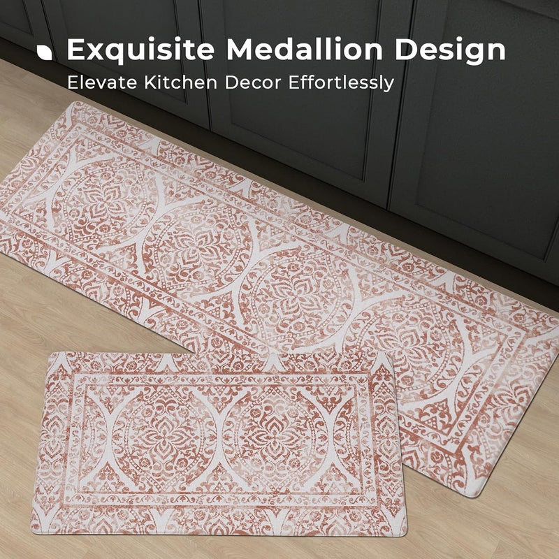 Fresh Mint 2 Piece Set Boho Kitchen Mats for Floor Bohemian Distressed Anti Fatigue Kitchen Rugs Vintage Farmhouse Cushioned Kitchen Runners for Standing Waterproof & Non-Skid Comfort, Terracotta - Image 2