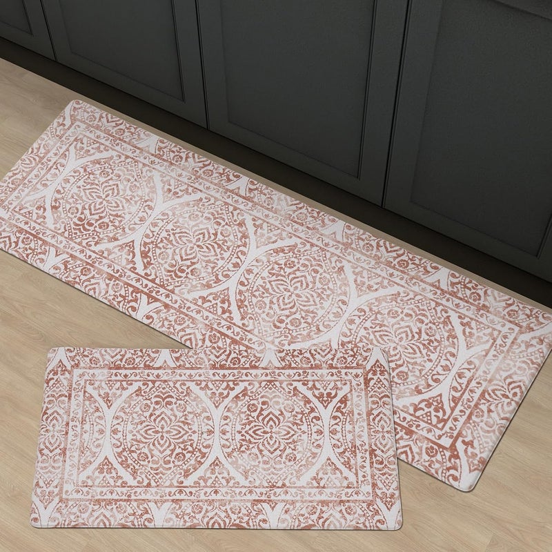 Fresh Mint 2 Piece Set Boho Kitchen Mats for Floor Bohemian Distressed Anti Fatigue Kitchen Rugs Vintage Farmhouse Cushioned Kitchen Runners for Standing Waterproof & Non-Skid Comfort, Terracotta - Image 1