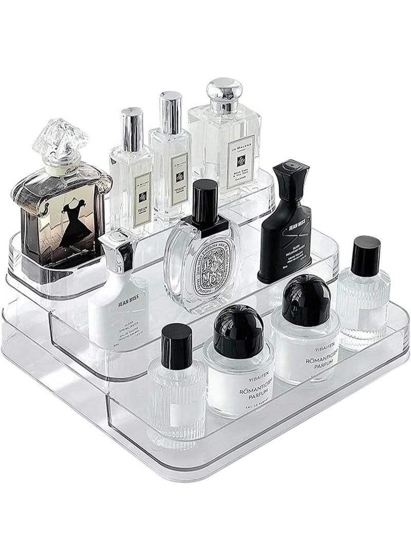 2 قطعه منظم عطور أكريليك شفاف بثلاثة مستويات للحمّام والمكتب والطاولة – حامل متعدد الاستخدامات لترتيب العطور، الكريمات، الزيوت، التوابل، الأدوية، مستحضرات التجميل ومستحضرات العناية بالبشرة – تصميم عصري أنيق موفّر للمساحة وسهل التنظيف ومتين لمكتبك، خزانة المطبخ، أو طاولة الحمّام - Image 2