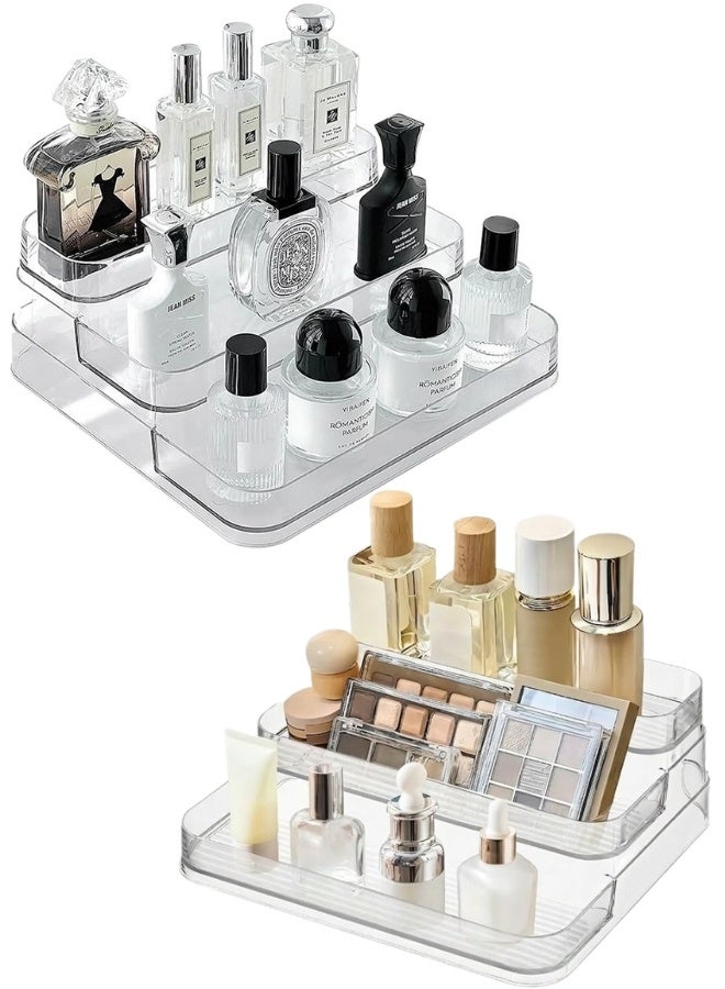 2 قطعه منظم عطور أكريليك شفاف بثلاثة مستويات للحمّام والمكتب والطاولة – حامل متعدد الاستخدامات لترتيب العطور، الكريمات، الزيوت، التوابل، الأدوية، مستحضرات التجميل ومستحضرات العناية بالبشرة – تصميم عصري أنيق موفّر للمساحة وسهل التنظيف ومتين لمكتبك، خزانة المطبخ، أو طاولة الحمّام - Image 1