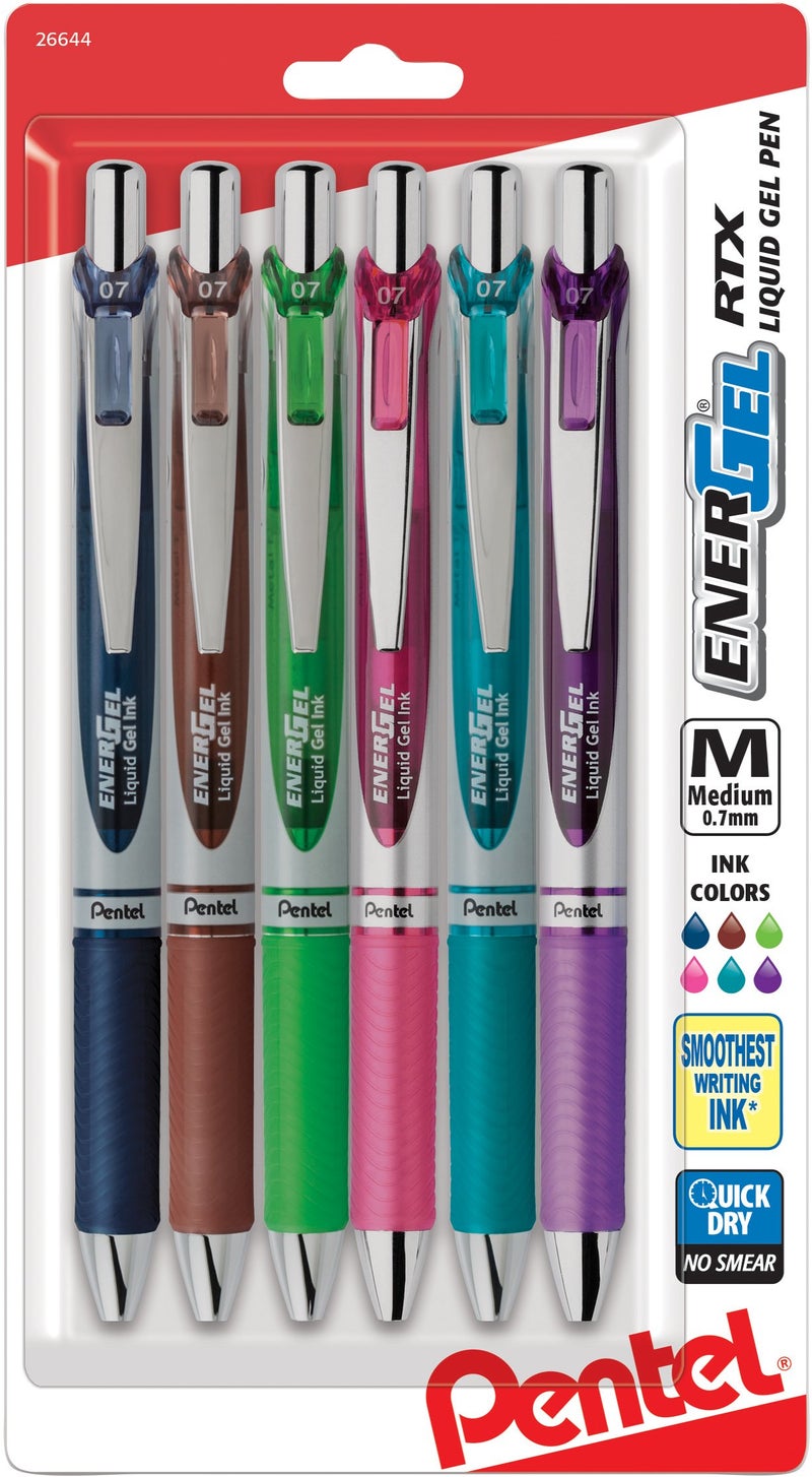 Pentel EnerGel RTX Retractable Liquid Gel Pen, (0.7mm) Metal Tip, Medium Line, Assorted Ink, 6-Pk (BL77BP6M1) - Image 1
