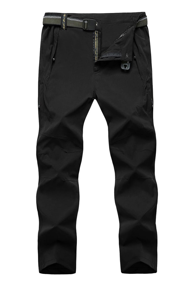 TBMPOY Mens Lightweight Hiking Pants with Belt 5 Zip Pockets Waterproof QuickDry Travel Fishing Work Outdoor Pants Thin Black L