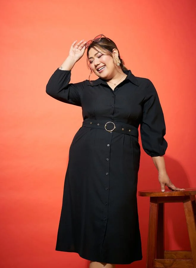 SASSAFRAS Sassafras Plus Size Black Shirt Belted Midi Dress