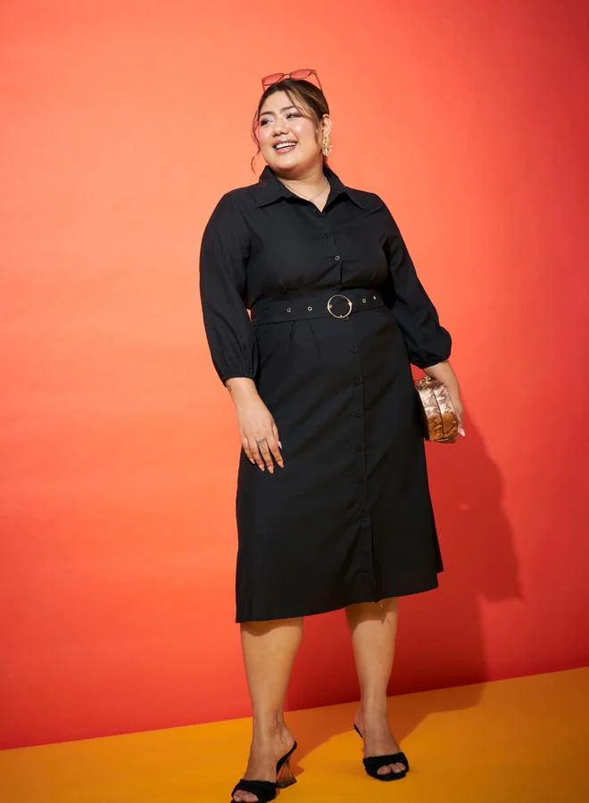SASSAFRAS Sassafras Plus Size Black Shirt Belted Midi Dress