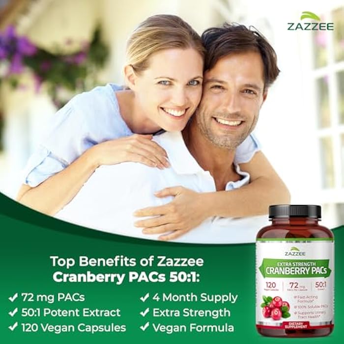 Zazzee Cranberry PACs 72 mg per Capsule, 50:1 Extract, 120 Vegan Capsules, 2X Strength, 4 Month Supply, Fast-Acting, Effective Urinary Tract & Bladder Support, 100% Soluble PACs, Made in the USA - Image 3
