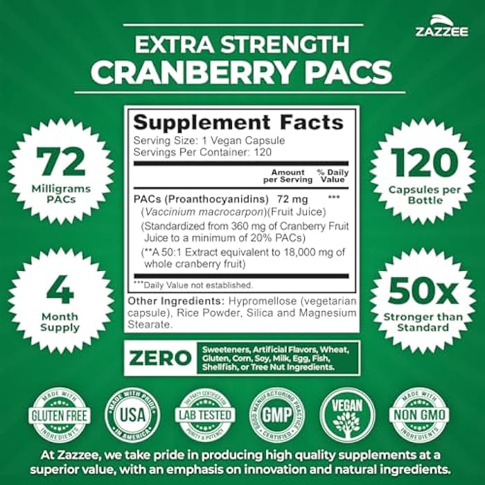 Zazzee Cranberry PACs 72 mg per Capsule, 50:1 Extract, 120 Vegan Capsules, 2X Strength, 4 Month Supply, Fast-Acting, Effective Urinary Tract & Bladder Support, 100% Soluble PACs, Made in the USA - Image 2