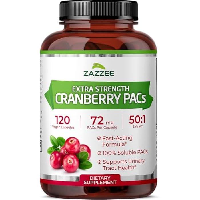 Zazzee Cranberry PACs 72 mg per Capsule, 50:1 Extract, 120 Vegan Capsules, 2X Strength, 4 Month Supply, Fast-Acting, Effective Urinary Tract & Bladder Support, 100% Soluble PACs, Made in the USA - Image 1