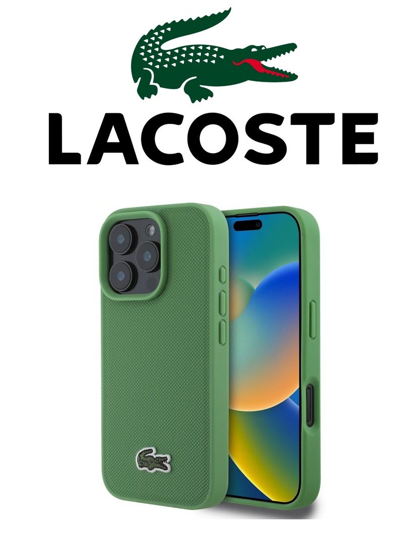 CG MOBILE IPhone 16 Pro cover, supports wireless charging, MagSafe, with original logo and faux leather design approved by the global brand Lacoste. From CG Mobile. Green  - Image 1