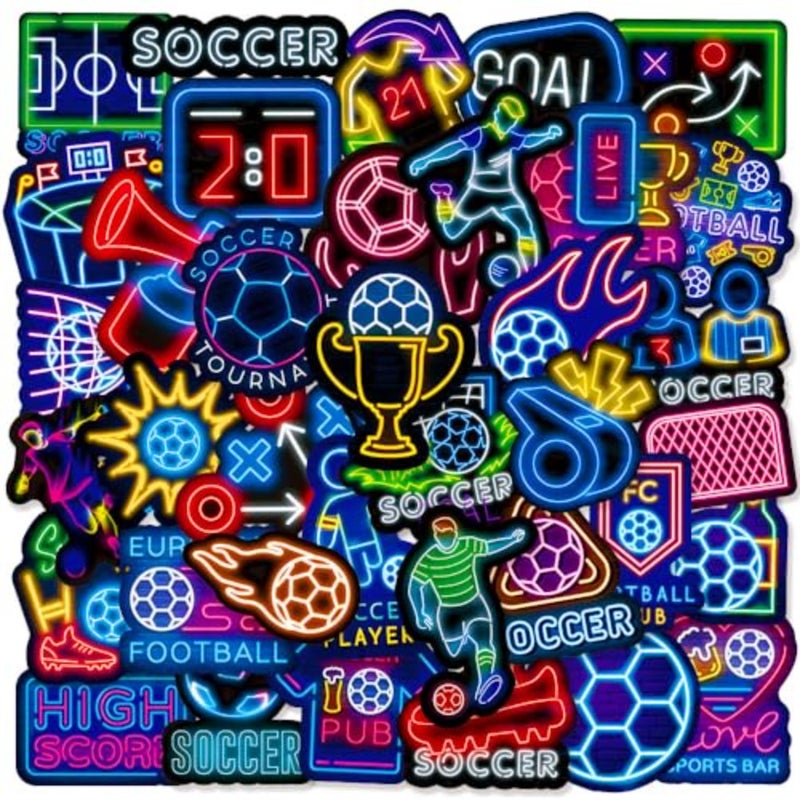 50PCS Soccer Stickers, Cool Neon Football Vinyl Stickers, Waterproof Sticker For Bottle, Skateboard, Guita, Car Bumper, Suitcase, Scrapbook, Teaching Incentives, Soccer Team Gift for Kid, Teen, Adult - Image 1