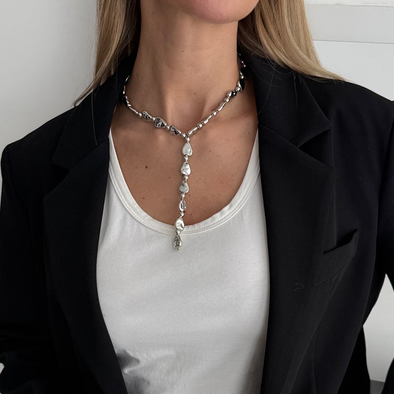 SHIXIN European and American Cross-Border Fashion Metal Irregular Hammered Y-Shaped Necklace - Minimalist Geometric Long Pendant - Image 3