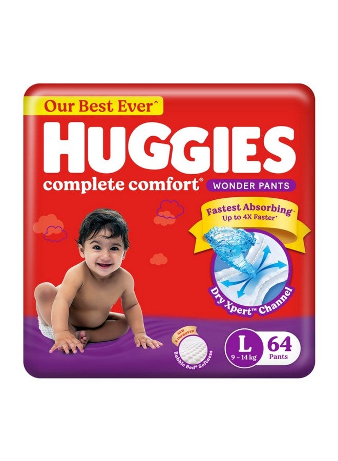 Huggies Complete Comfort Wonder Pants | Pant Style Baby Diapers L Size, 64 Count | India's Fastest Absorbing Diaper, Patented Dry Xpert Channel, Ideal for 9 to 14 Kgs - Image 1