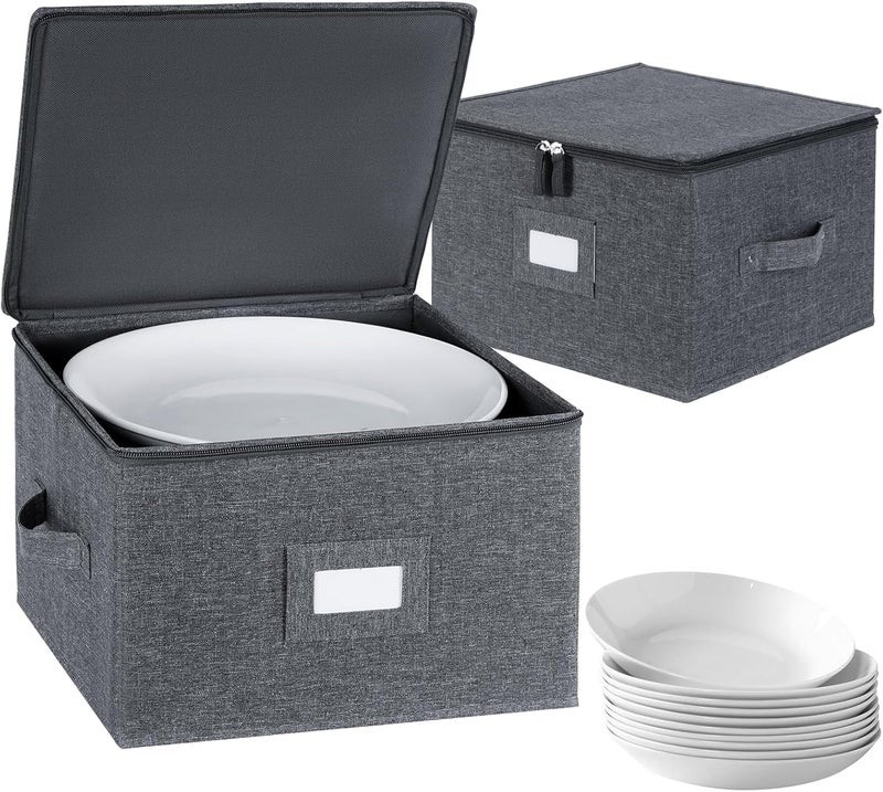 popoly popoly China Storage Containers Hard Shell Inside 12 W x 8 H Dinner Plate Storage Containers for Dishes Dinnerware with 24 Felt Dividers Hold 24 Plates Stackable 2 Pack Grey - Image 1