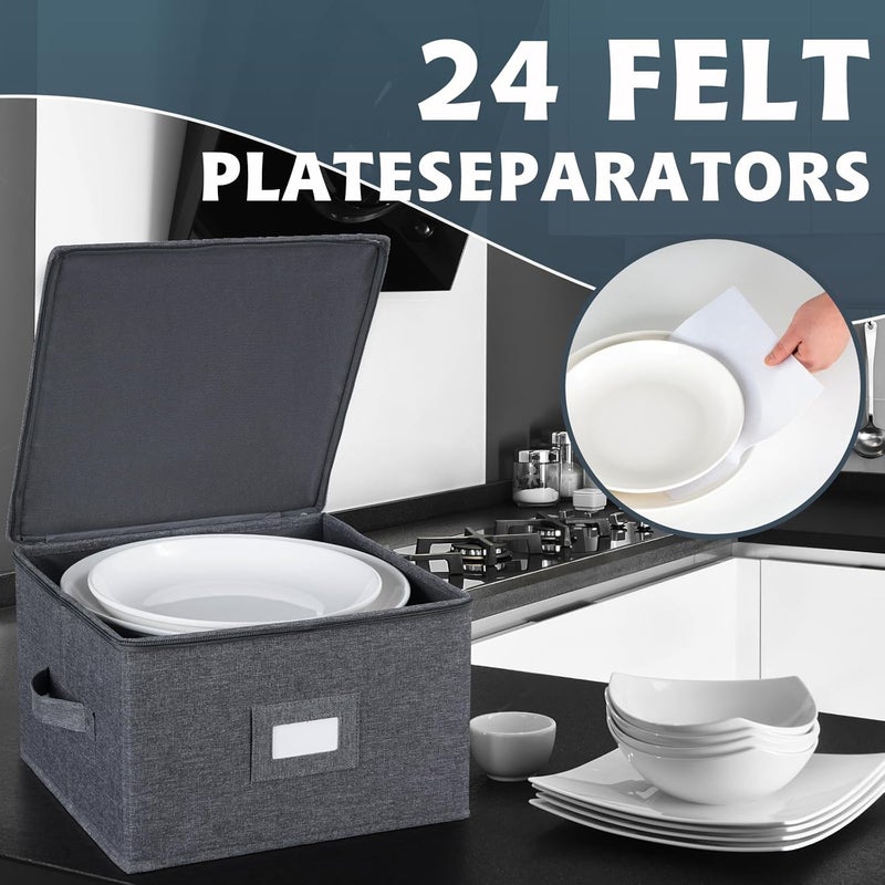popoly popoly China Storage Containers Hard Shell Inside 12 W x 8 H Dinner Plate Storage Containers for Dishes Dinnerware with 24 Felt Dividers Hold 24 Plates Stackable 2 Pack Grey - Image 3