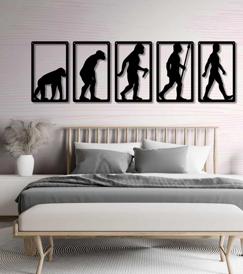 AD INFINITUM® Wooden Wall Art Hanging | Black Designed Wooden Decor Sculptures | Black Wall Art Decoration for Contemporary Home, Bedroom, Living Room, Office etc. (Human Evolution, Set of 5) - Image 2