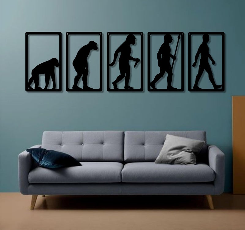 AD INFINITUM® Wooden Wall Art Hanging | Black Designed Wooden Decor Sculptures | Black Wall Art Decoration for Contemporary Home, Bedroom, Living Room, Office etc. (Human Evolution, Set of 5) - Image 3