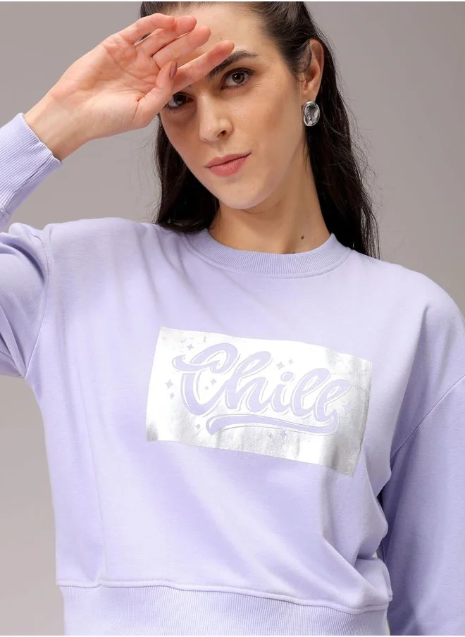 مرفوعة Women Relaxed Purple Printed Crew Neck Long Sleeve Sweatshirt