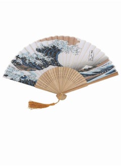 SYOSI Folding Hand Held Fan, Elegant Janpanese Style Painted Waves Retro Bamboo Folding Fan Home Office Decoration, Handmade Landscape Silk Folding Fan Kanagawa Fan for Women Girls Dance Performance  - Image 1