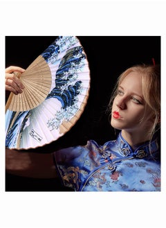 SYOSI Folding Hand Held Fan, Elegant Janpanese Style Painted Waves Retro Bamboo Folding Fan Home Office Decoration, Handmade Landscape Silk Folding Fan Kanagawa Fan for Women Girls Dance Performance  - Image 5