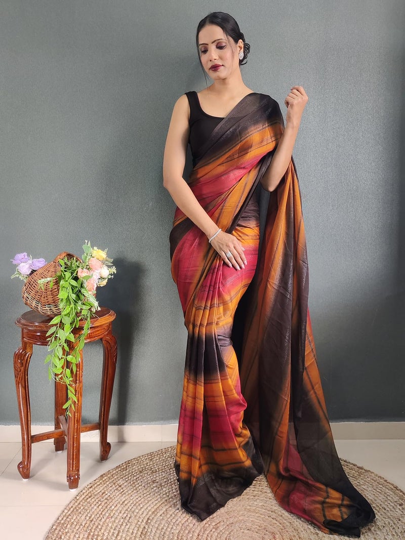 SIRIL Women's Georgette Printed Ready To Wear Saree, One Minute Stitched Saree With Unstitched Blouse Piece (3374S363_Mustard & Black) - Image 3