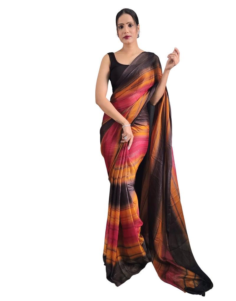 SIRIL Women's Georgette Printed Ready To Wear Saree, One Minute Stitched Saree With Unstitched Blouse Piece (3374S363_Mustard & Black) - Image 1