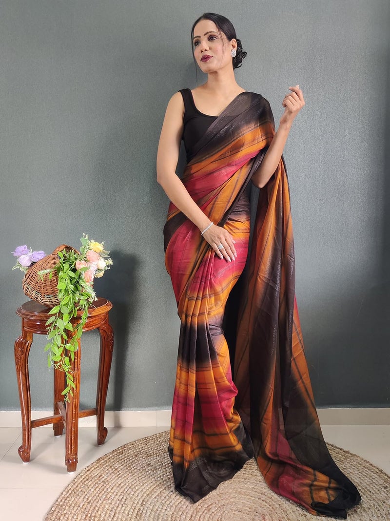 SIRIL Women's Georgette Printed Ready To Wear Saree, One Minute Stitched Saree With Unstitched Blouse Piece (3374S363_Mustard & Black) - Image 4