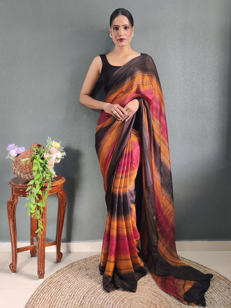 SIRIL Women's Georgette Printed Ready To Wear Saree, One Minute Stitched Saree With Unstitched Blouse Piece (3374S363_Mustard & Black) - Image 5