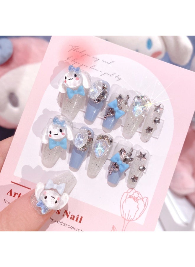 سينامورول تحت عنوان الصحافة على الأظافر مجموعة مع أدوات مضيء الأزرق والفضي الأظافر كاذبة 3 د الكرتون الشارات وأحجار الراين لعشاق فن الأظافر - Image 1