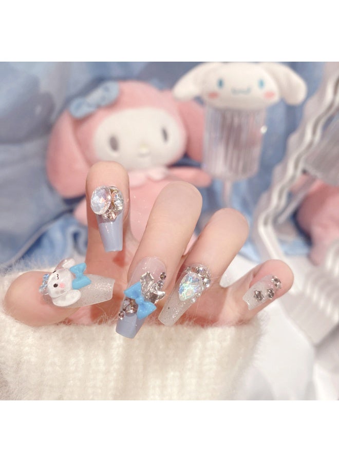 سينامورول تحت عنوان الصحافة على الأظافر مجموعة مع أدوات مضيء الأزرق والفضي الأظافر كاذبة 3 د الكرتون الشارات وأحجار الراين لعشاق فن الأظافر - Image 2